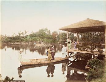 (JAPAN) A lovely Japanese album with 50 hand-colored photographs depicting geishas, lush landscapes, busy streets, and flowering garden